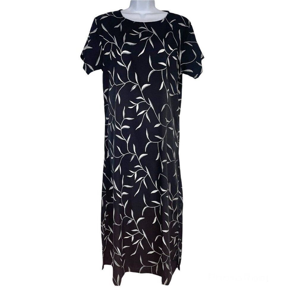 Vintage 90s Womens Maxi Dress Size XL Black White Floral Long Lightweight